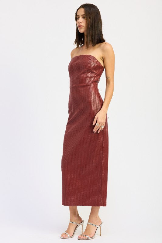 Model in burgundy strapless textured midi dress, highlighting slim fit and slit detail-AVAH