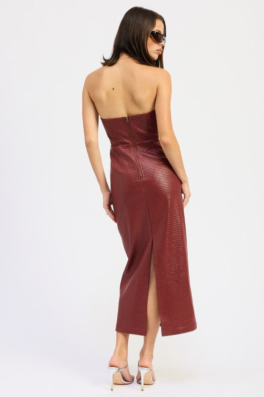 Back of burgundy strapless midi dress with concealed zipper and slit at hem-AVAH