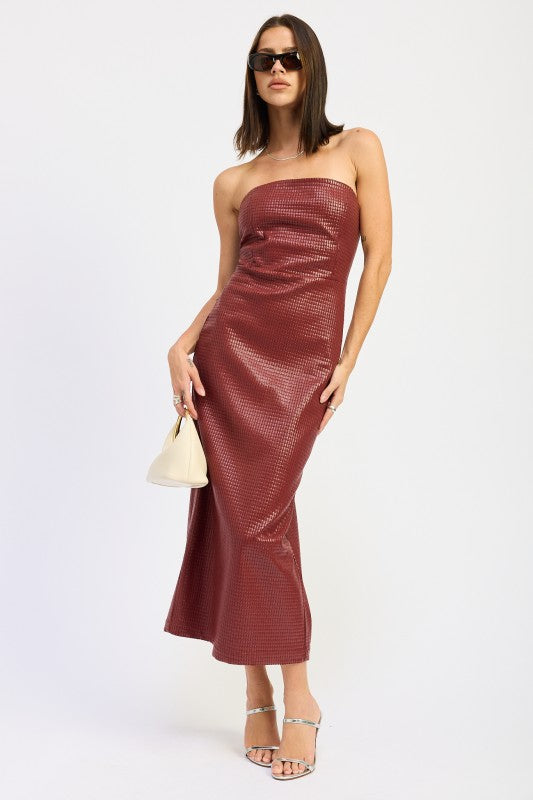 Model in burgundy strapless textured midi dress styled with sunglasses and a small ivory handbag-AVAH