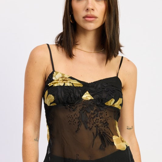 model wearing sheer black mesh cami top with gold floral print and sweetheart neckline-AVAH