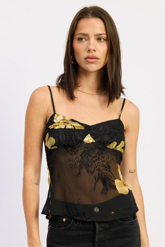 model wearing sheer black mesh cami top with gold floral print and sweetheart neckline-AVAH