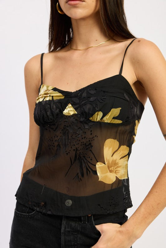 close-up view of floral mesh cami showing gold print detail