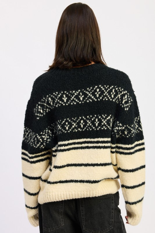 Back view of black and cream Fair Isle crewneck sweater