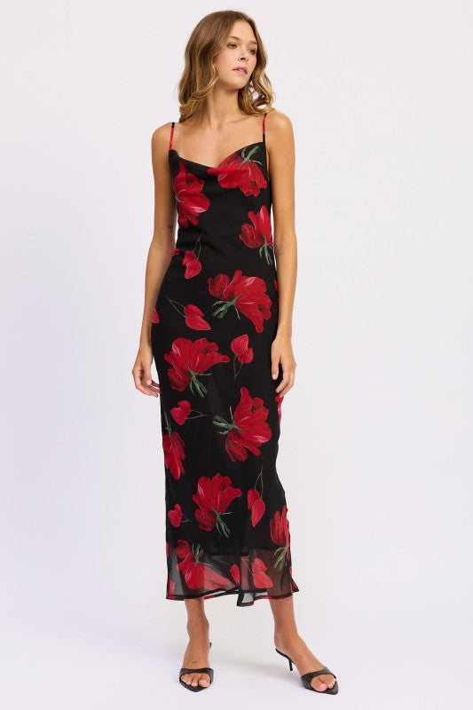 Angled front view of floral cowl neck maxi dress with sheer overlay-AVAH