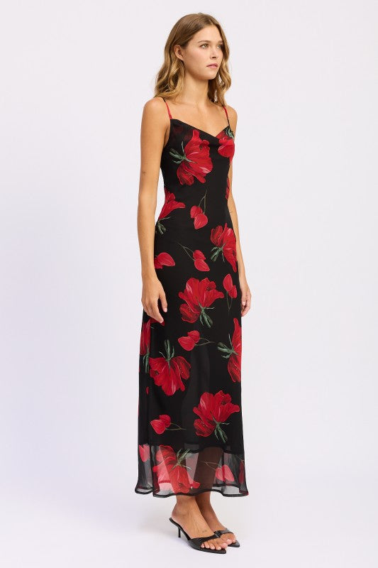 Side view of black slip maxi dress with red floral print and cowl neckline-AVAH