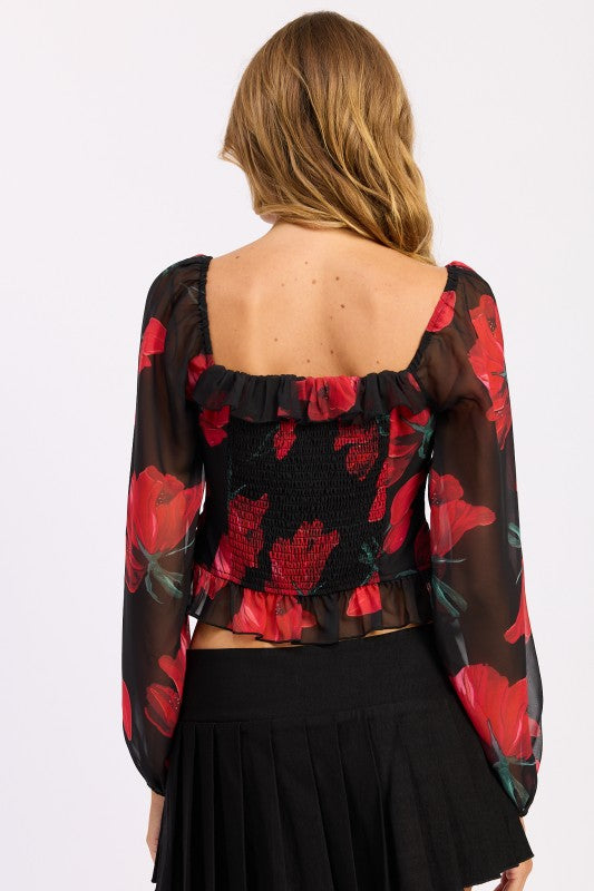 Back of floral blouse showing smocked panel and ruffled hem.