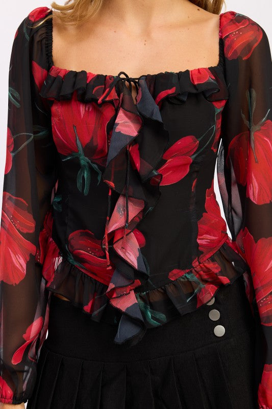 Close-up of ruffle neckline and floral chiffon fabric on blouse-AVAH
