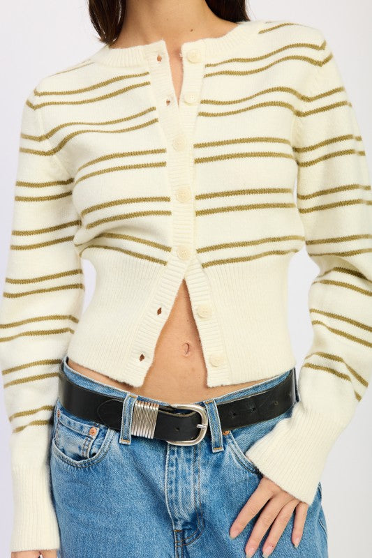 Close-up of ivory and olive striped knit cardigan with button details