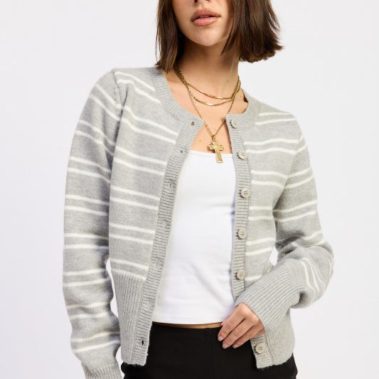 Model wearing grey and white striped button cardigan with white tank underneath – AVAH