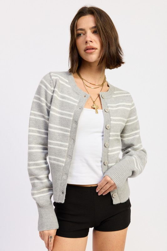 Model wearing grey and white striped button cardigan with white tank underneath – AVAH