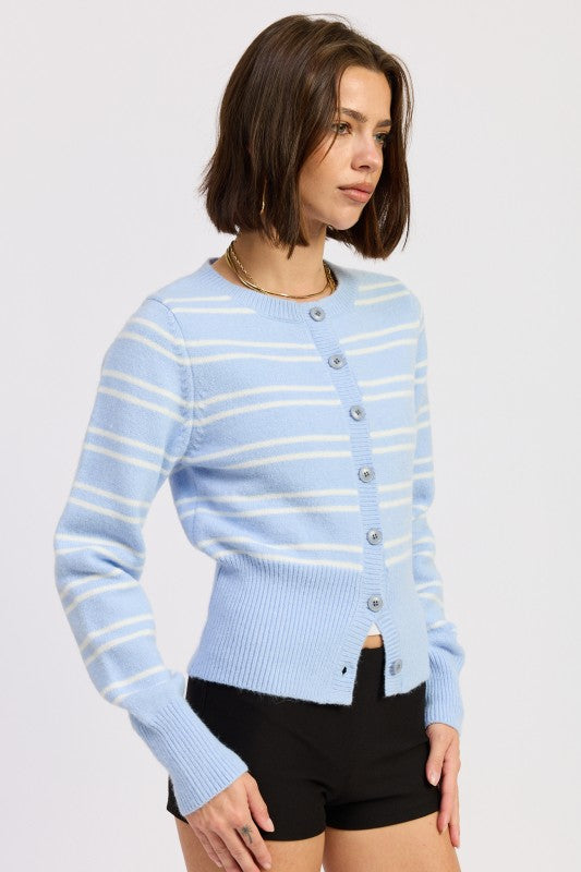 Side angle of sky blue cardigan with white horizontal stripes and ribbed cuffs