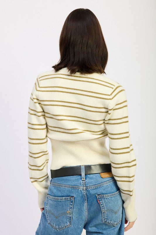 Back view of ivory and olive striped cardigan showing clean finish