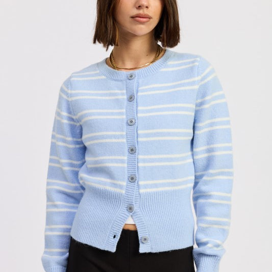 Model wearing light blue and white striped cardigan buttoned at front -AVAH