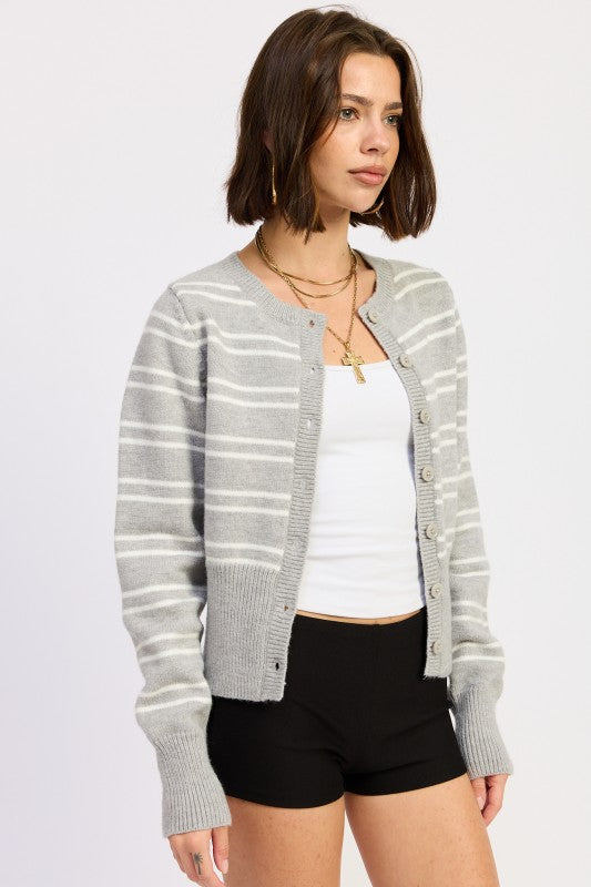 Side view of heather grey cardigan showing soft knit texture and relaxed fit