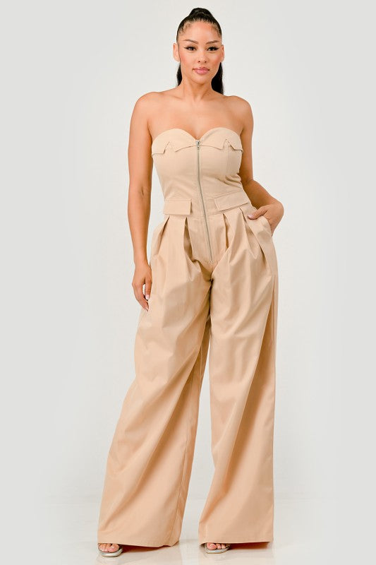 Beige strapless wide-leg jumpsuit with structured bodice, front view