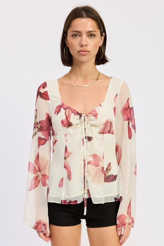 sheer floral tie front blouse front view