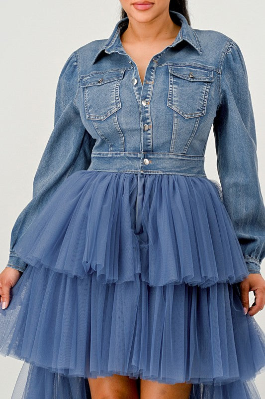 Denim button-up bodice with tiered tulle skirt detail