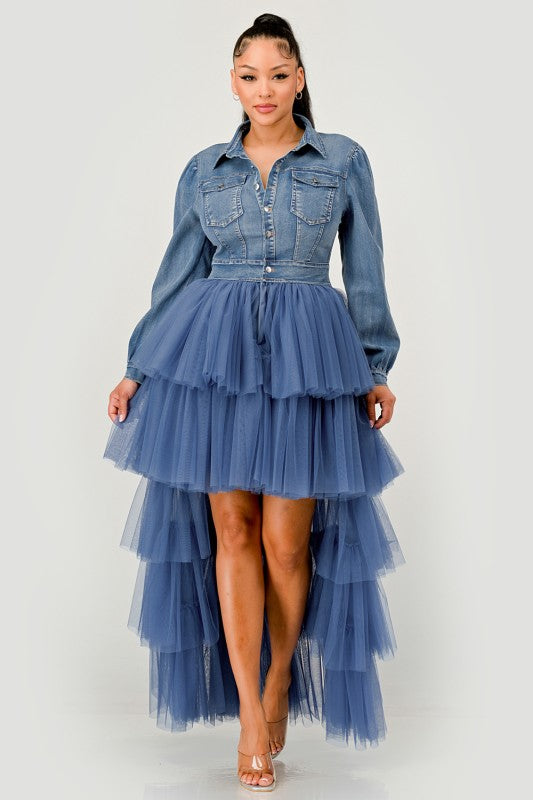 Tiered tulle high-low skirt denim dress front angle