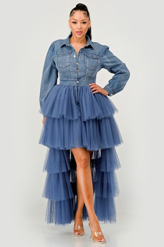 Denim bodice high-low tulle dress front view