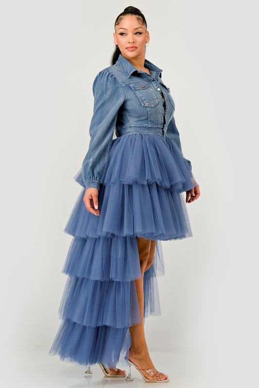 Denim and tulle high-low dress side view