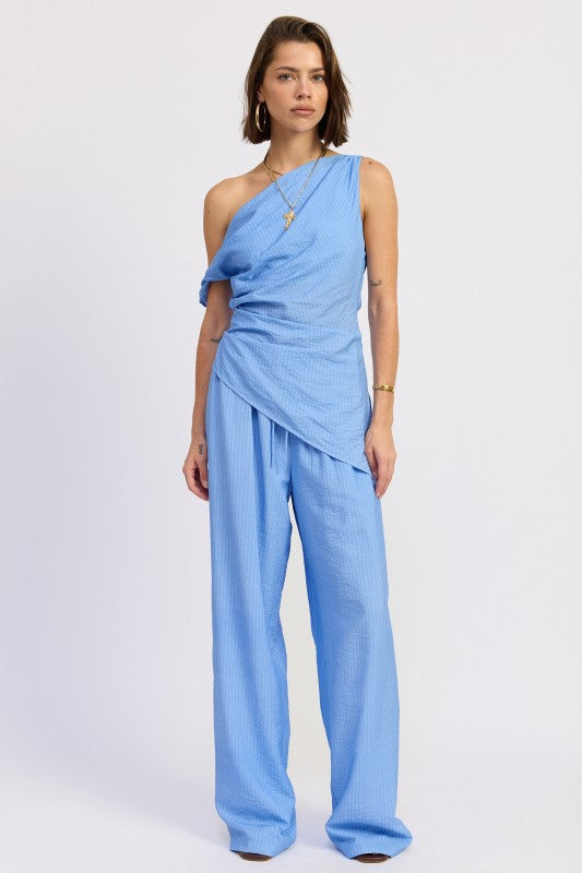 Blue black stripe wide leg pants with elastic waistband