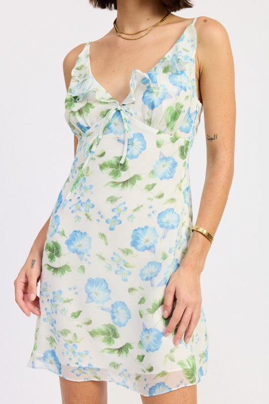 Ivory blue floral mini dress v-neckline with ruffle detail
