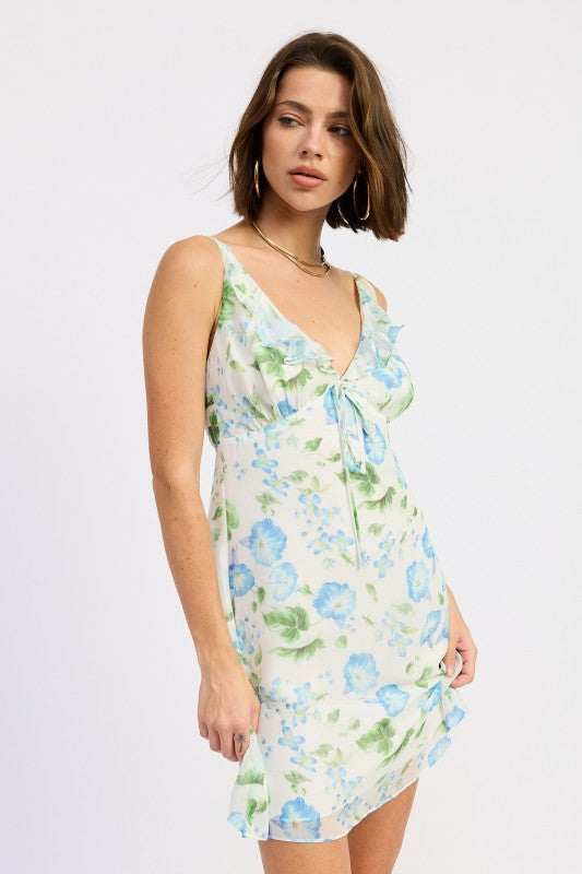Ivory blue floral mini dress angled side view