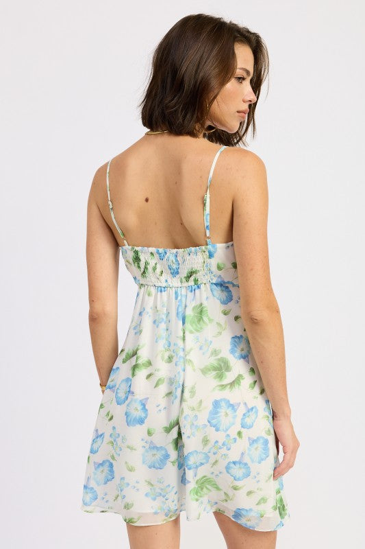 Ivory blue floral mini dress back view with smocked detail