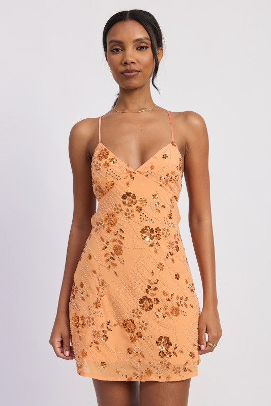 Orange floral sequin embellished mini dress front view
