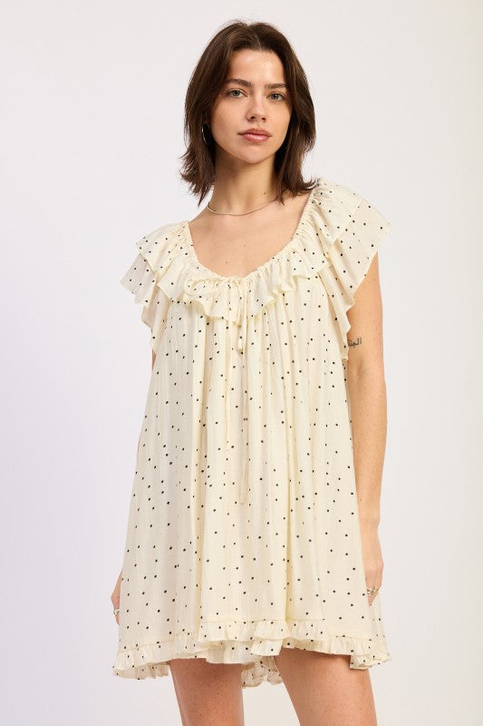 Ivory polka dot ruffle romper front view flowy silhouette
