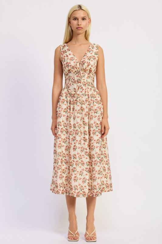Ivory floral midi dress styled with heels, front-facing