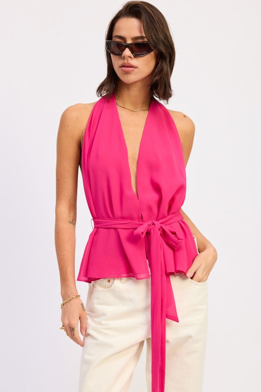 Magenta halter top with deep V neckline and tie waist front view