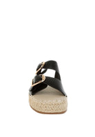 Front view of black leather espadrille slide sandal with open square toe and gold hardware