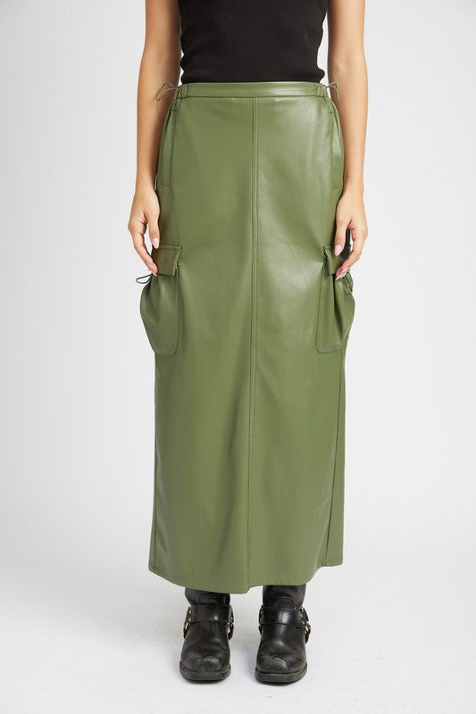 Front view of model wearing olive green vegan leather maxi skirt with utility pockets