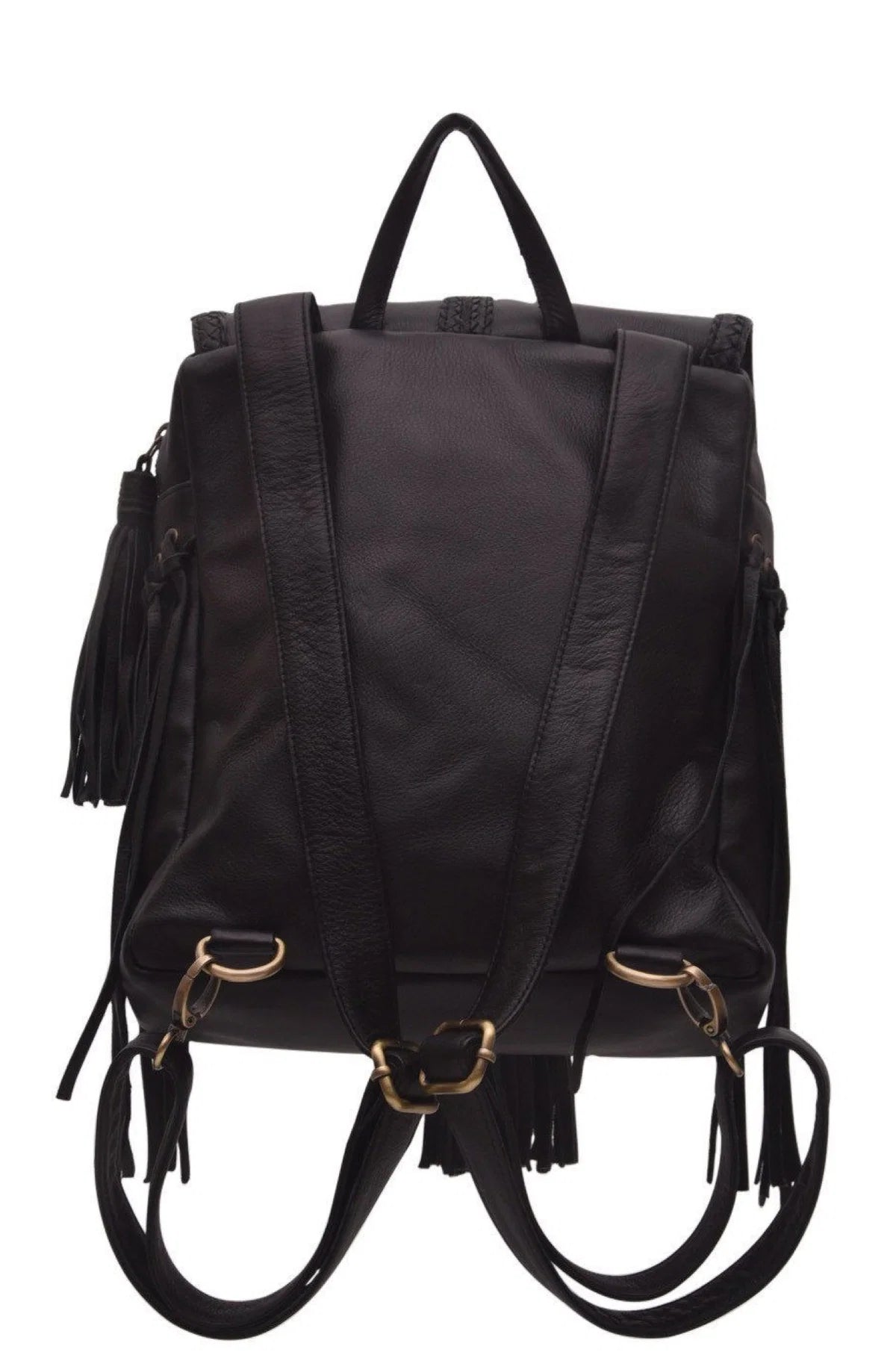Black leather backpack with gold-tone hardware, featuring dual top handles, a detachable shoulder strap, and fringe tassels on the sides and bottom, shown against a plain white background.