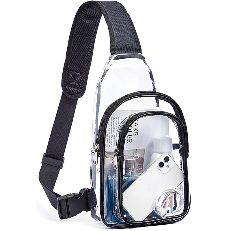 Transparent stadium-approved sling bag with black trim and adjustable shoulder strap