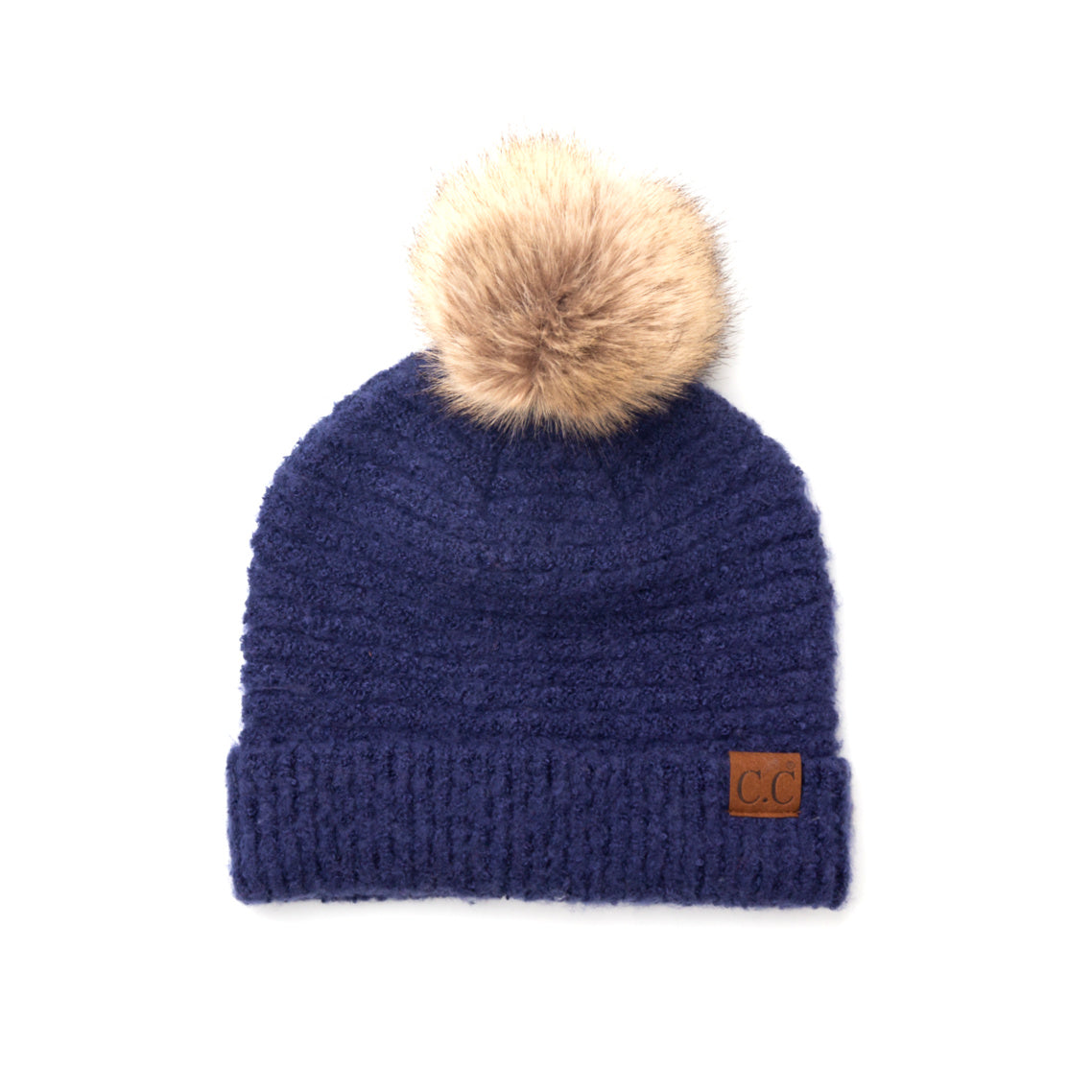 Evening blue boucle knit hat with faux fur pom