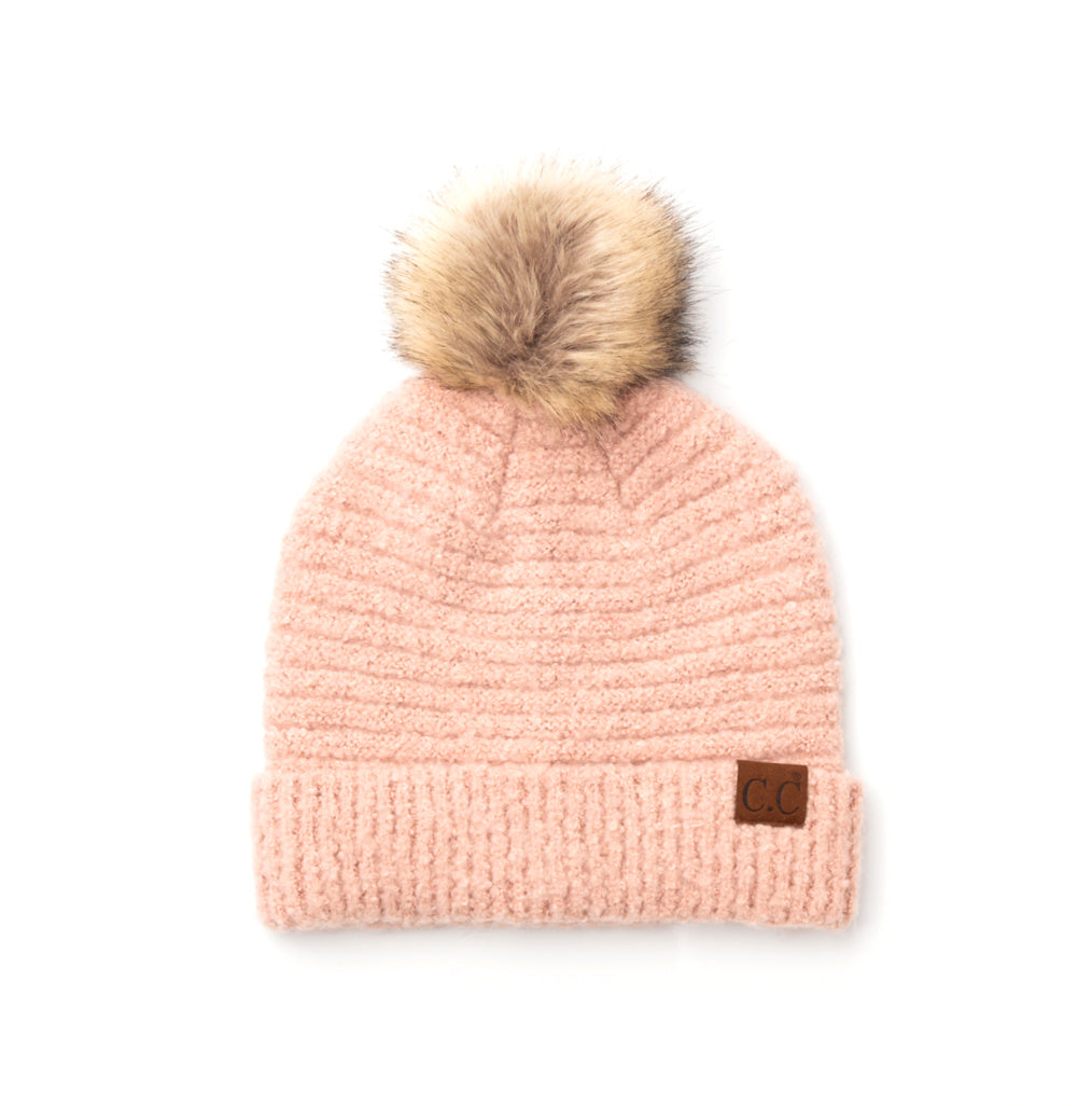 Blush boucle knit hat with faux fur pom