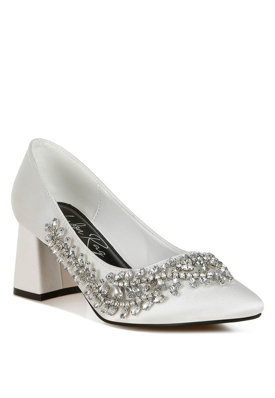 White satin block heel with crystal embellishment, angled front