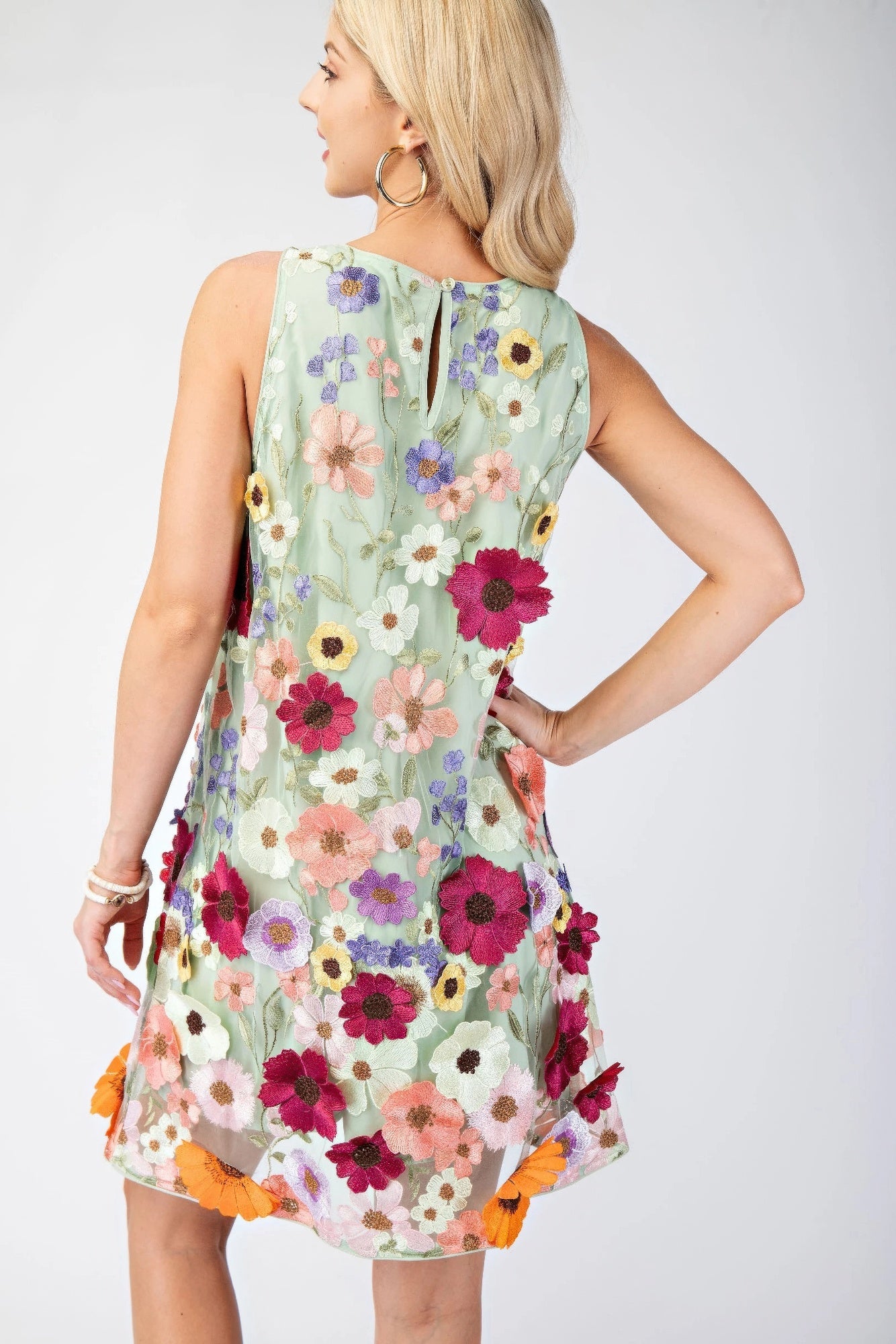 Back view of sage green embroidered mesh mini dress with sleeveless cut and floral detail at hem.