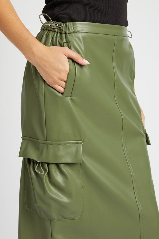 Close-up of side pocket and drawstring detailing on olive cargo-style skirt
