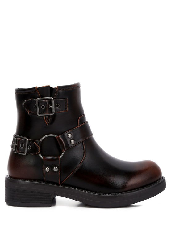 Rugged Charm Faux Leather Buckle Boots-Brown-Avah