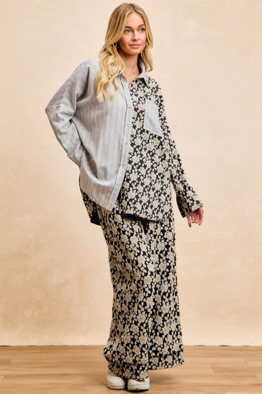 Florence Mixed Print Button Down Shirt with cream floral print, gray striped panels and contrasting chest pocket, styled with matching floral pants.