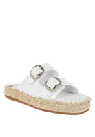 White leather flatform espadrille sandal with silver buckles, angled front-side view-AVAH