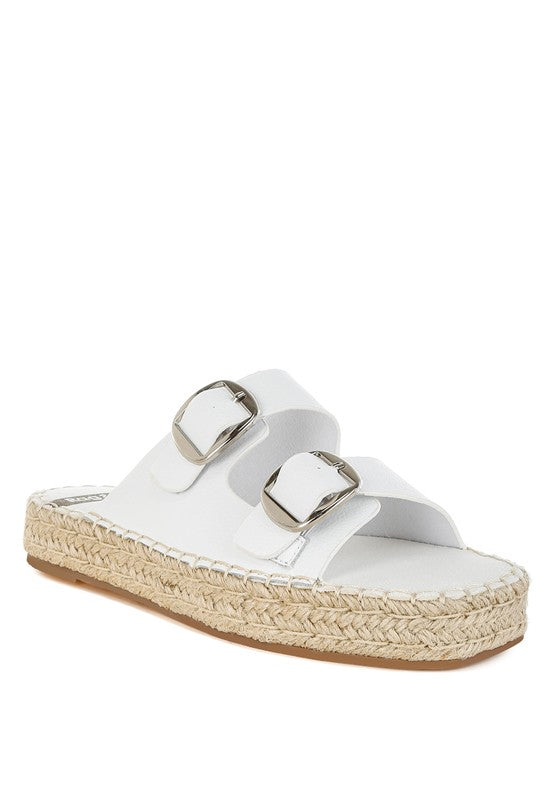White leather flatform espadrille sandal with silver buckles, angled front-side view-AVAH