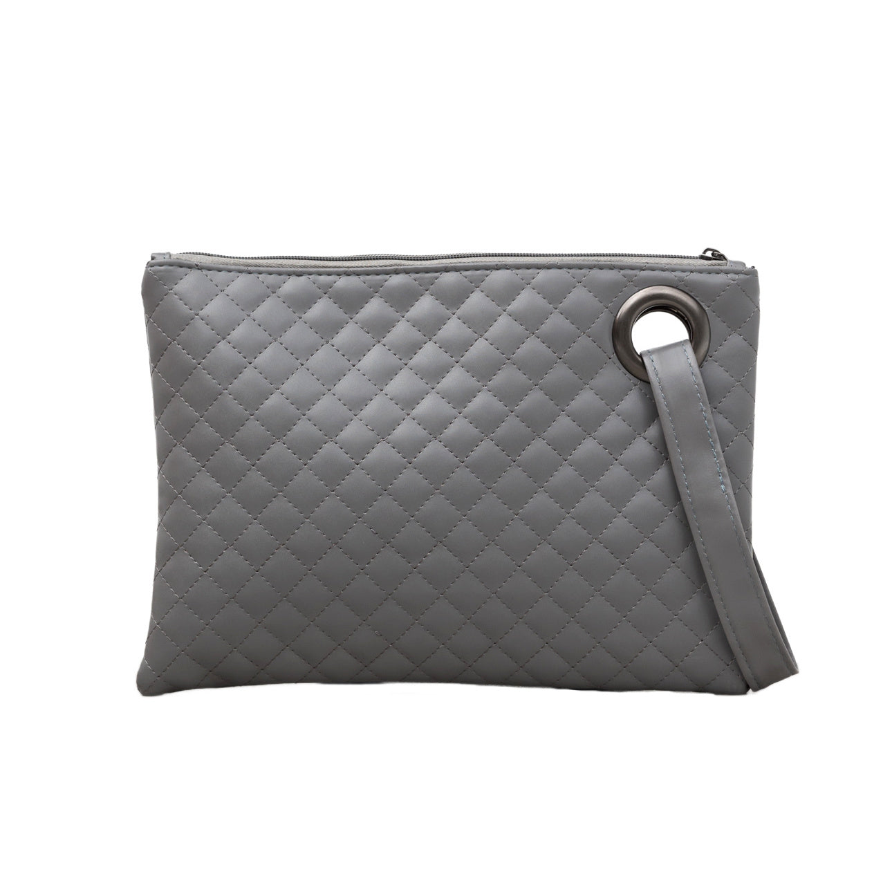 Gray quilted clutch made with a premium soft quilted PU leather and cotton Herringbone print lining with grommet detail and wristlet.