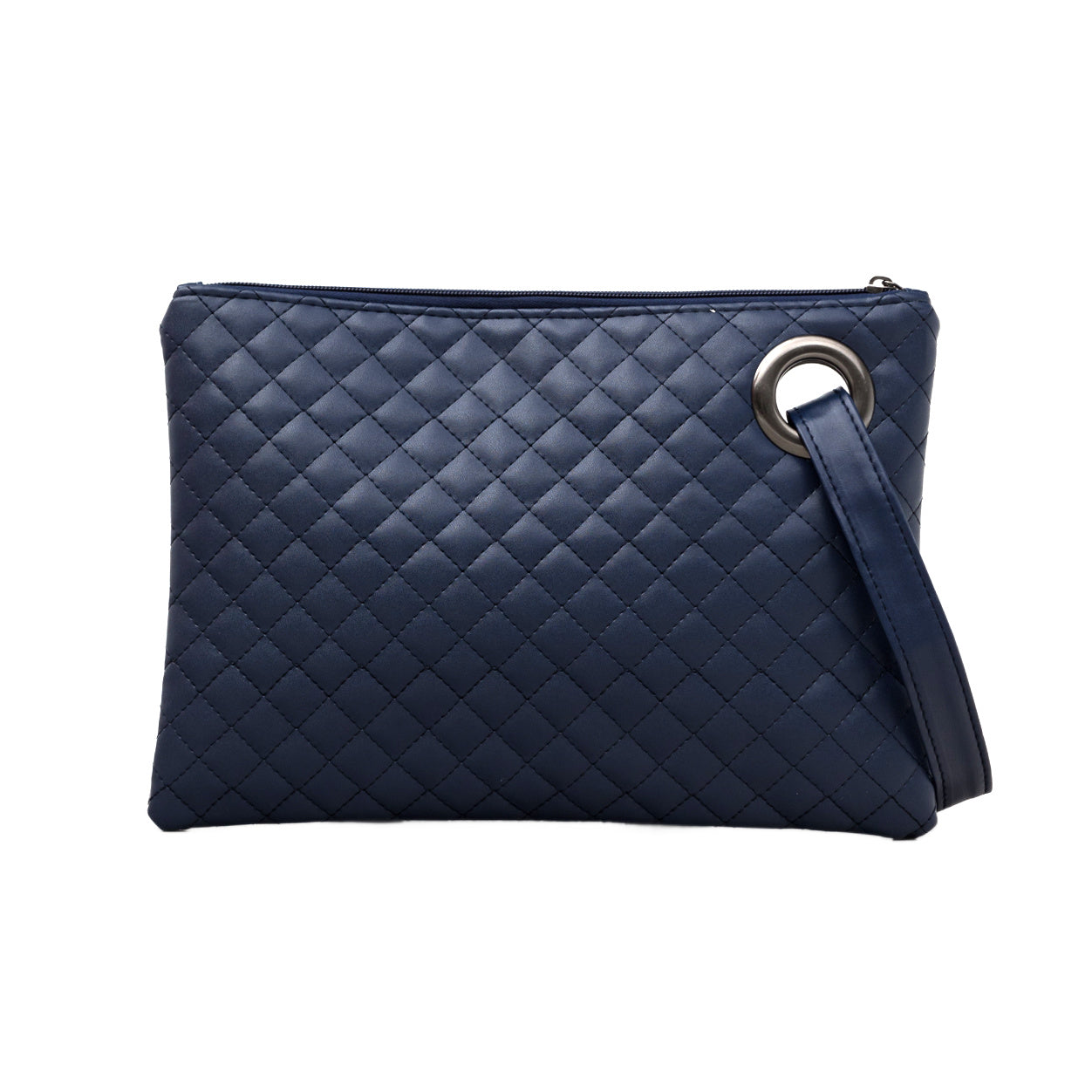 Navy quilted clutch made with a premium soft quilted PU leather and cotton Herringbone print lining with grommet detail and wristlet.