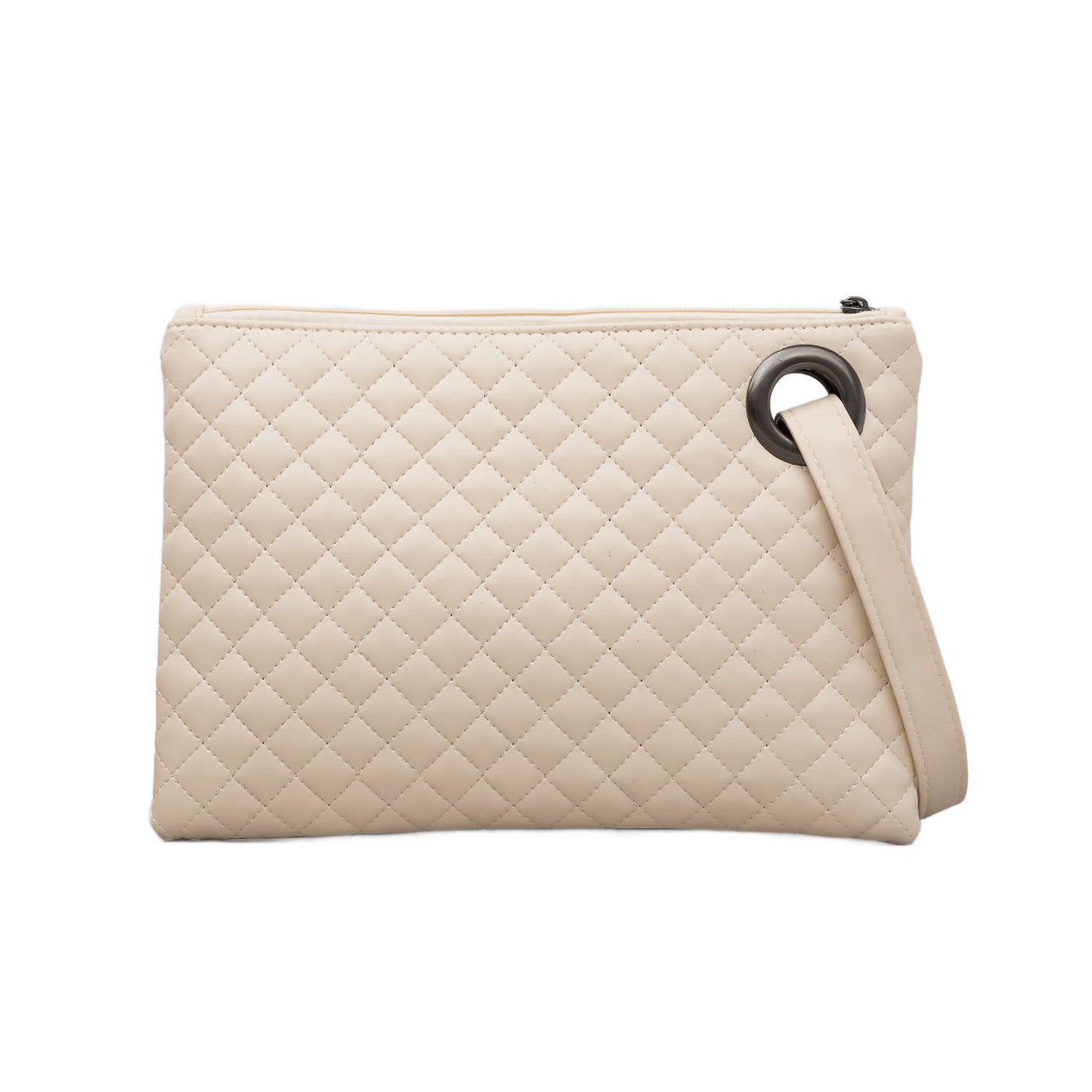 Ivory quilted clutch made with a premium soft quilted PU leather and cotton Herringbone print lining with grommet detail and wristlet.