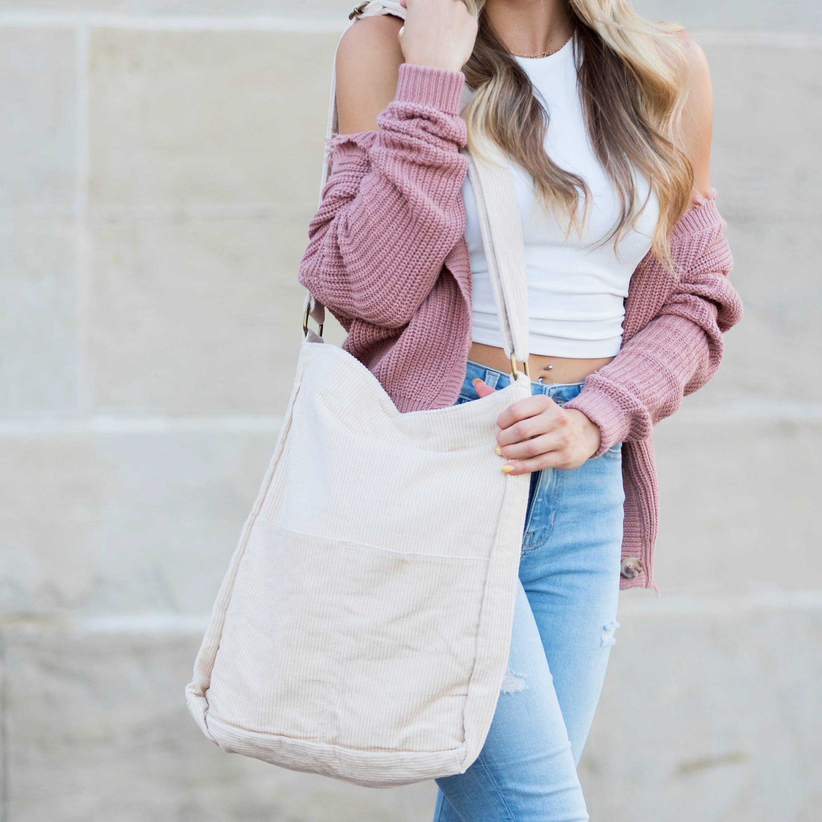 AVAH -corduroy tote bag with adjustable shoulder strap and exterior pockets in cream