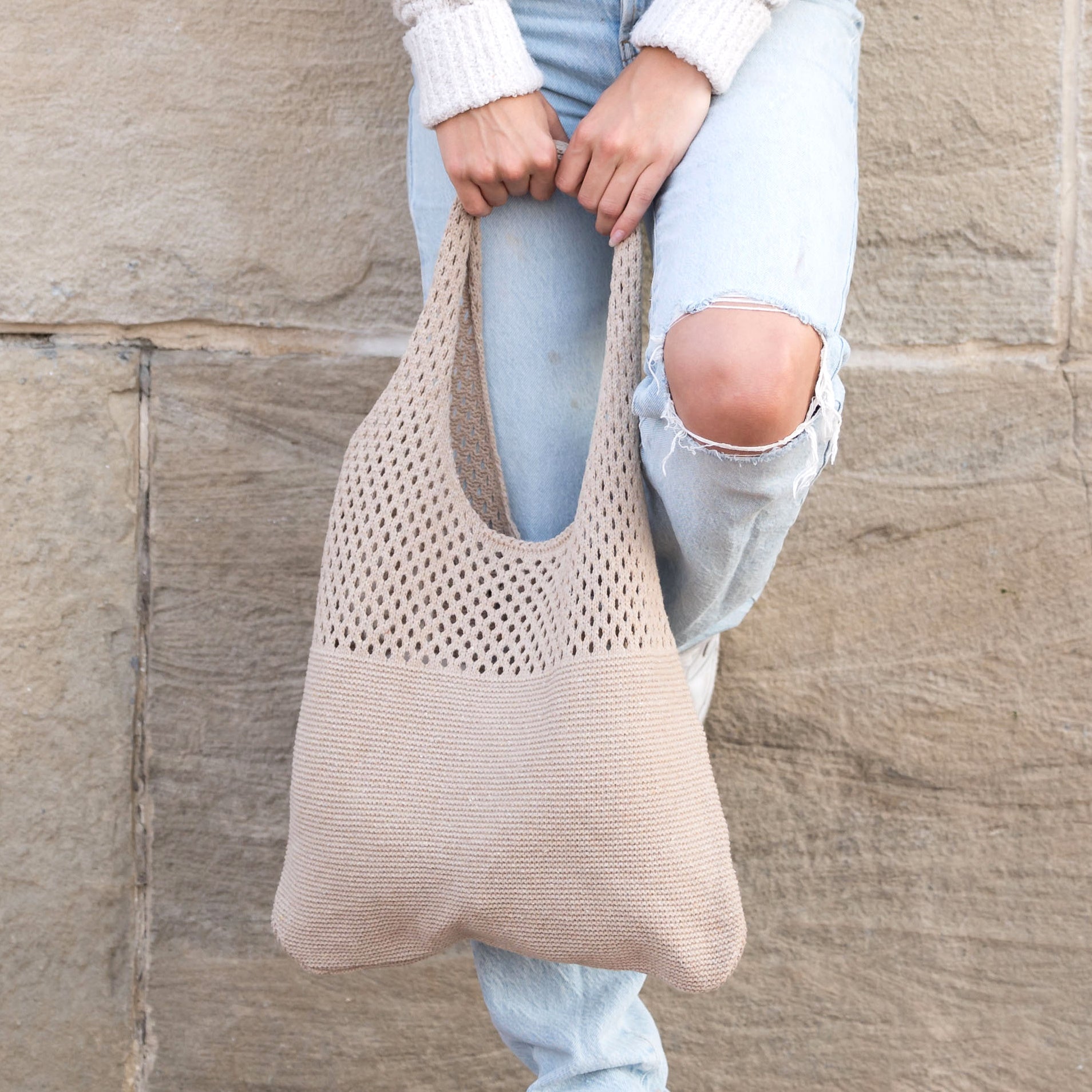 Soft-knit woven Hobo bag with open design in ash taupe